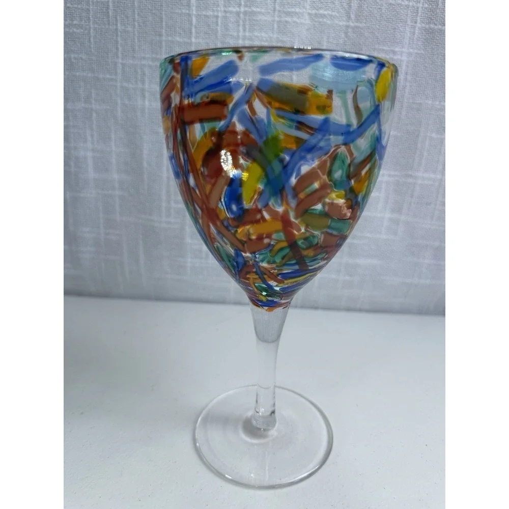 Vntg Pier 1 Imports Multicolor Confetti Hand Blown Art Glass Goblets 8